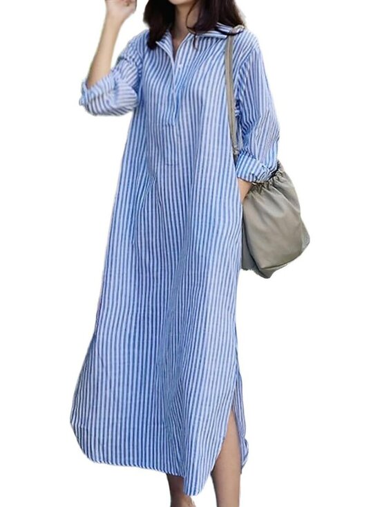 Dresses & Skirts - Casual Long Sleeve V-Neck Striped Maxi Dress with Pockets - Loose Cotton Shift